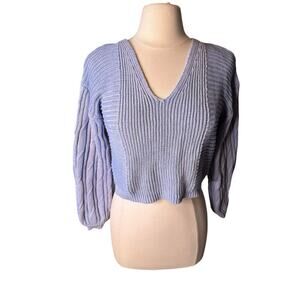 Free People When It Rains Sweater XS Periwinkle Blue Cable Knit V Neck Cropped